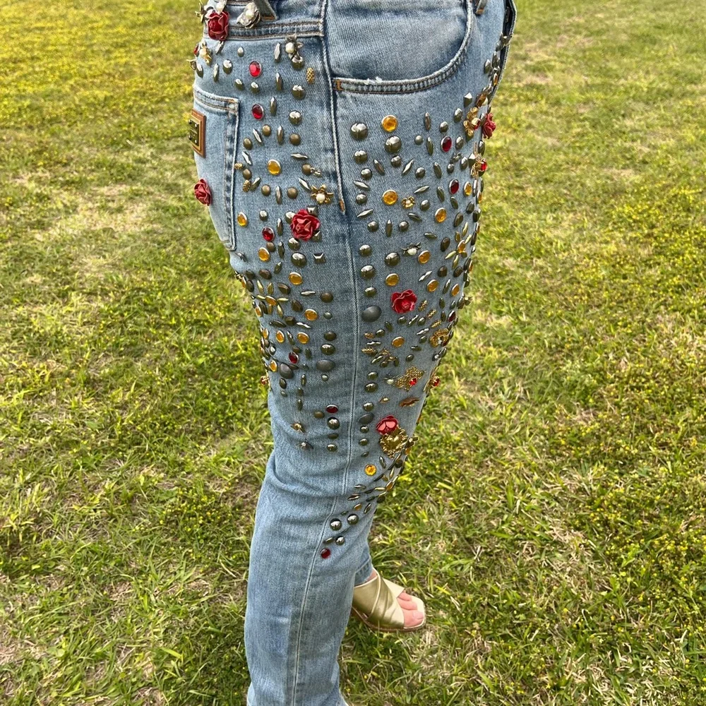 🤩 Dolce & Gabbana Crystal Roses Heart Embellished Jeans Authentic Sz 44 US 8/10 - Picture 2 of 16